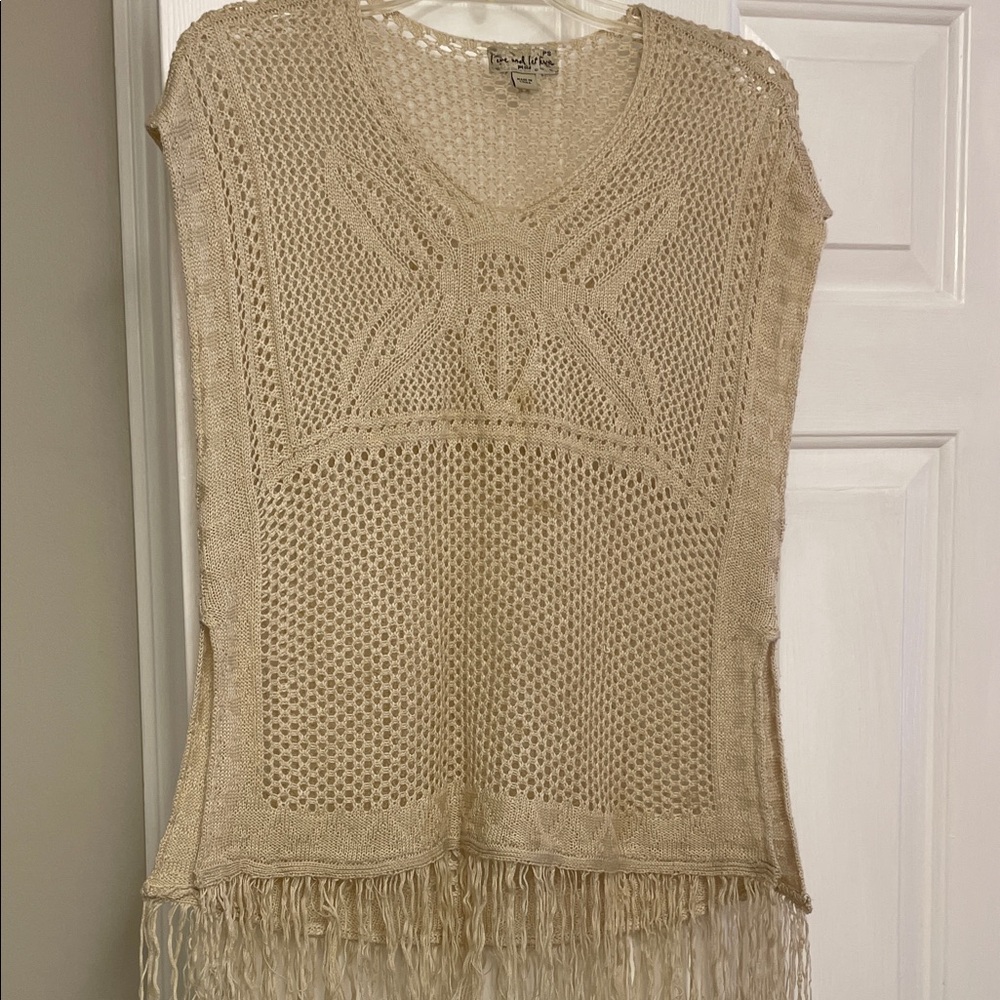 Live and Let Live Cream Open-Knit V-Neck Fringe Top